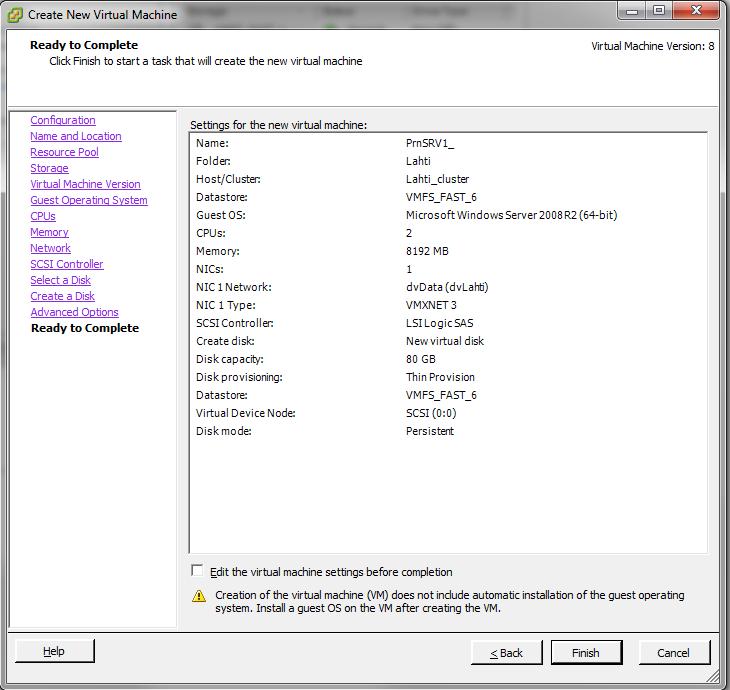 28 KUVIO 9. Virtuaalikoneiden asetukset Windows Server 2008 R2 asennettiin molemmille virtuaalikoneille.