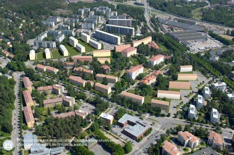 9 (26) Vaihtoehto A, "Käpylän tyyliin": Täydennysrakentamista 1 600 asukkaalle tutkittiin alueella tyypillisesti käytetyillä 4-7 krs lamellitaloilla, jotka sijoitetiin vapaasti tontille jatkaen