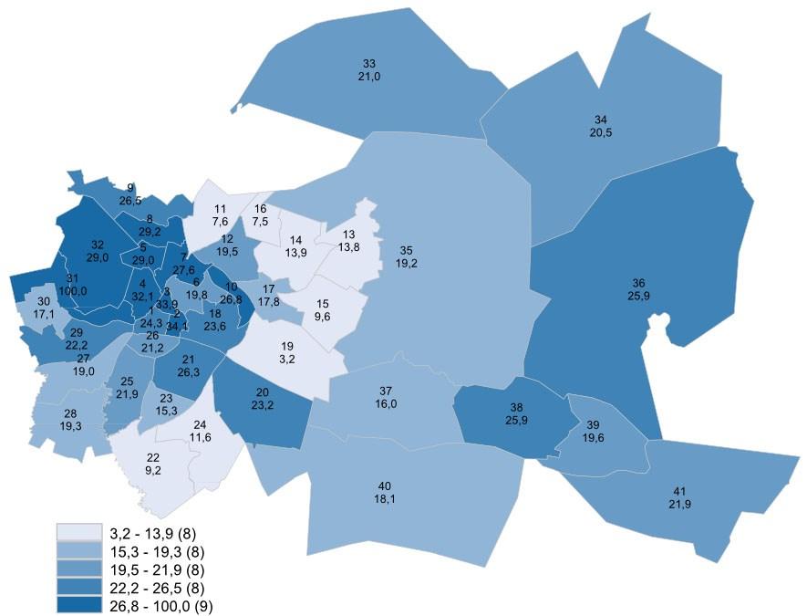 Tilastollinen kaupunginosa Väkiluku % 0-14 15-64 65+ Kaikki yhteensä 119452 14,8 62,3 22,9 1 Ydinkeskusta 7099 5,9 69,8 24,3 2 Itäinen keskusta 3980 6,8 59,1 34,1 3 Pohjoinen keskusta 4620 6,2 59,9