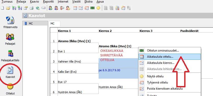 .. -Valitse ottelulle uusi aika -Ohjelma ottaa huomioon kaikki aikataulutukseen liittyvät asetukset