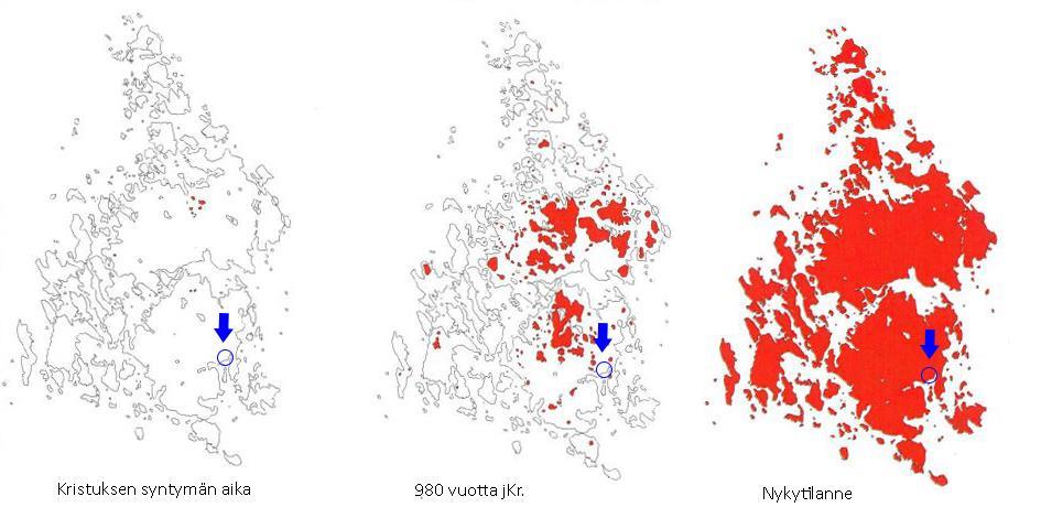 5 Kuva 5. Maankohoaminen kuvattu punaisella värillä. Selvitysalueen sijainti on kuvattu sinisellä ympyröinnillä ja nuolella. Alkuperäinen kuvalähde: Karl-Johan Fagerudd.