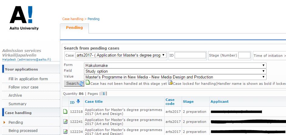 Pending applications / Odottavat näyttö If you have a right to see several study options, you can filter the applications by study options.