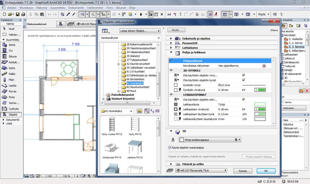 Kuva 21 ArchiCAD käyttöliittymä ja objektikirjasto (Moisio, 2011.) 4 CASE-SAIMAA VILLAS 4.