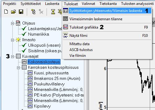 57 alla näkyy kokonaiskosteus, materiaalikerroksien kosteuspitoisuudet ja jokaisen monitorointipisteen lämpötila, suhteellinen kosteus ja materiaalikosteus. Kuva 15. Simulointitulosten tarkastelu. 6.