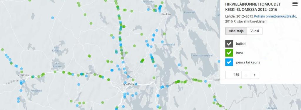 Keski-Suomen hirvieläinonnettomuudet kartalla Vuosina 2012-2016 tapahtuneet hirvieläinonnettomuudet on viety nettikartaksi, josta voi