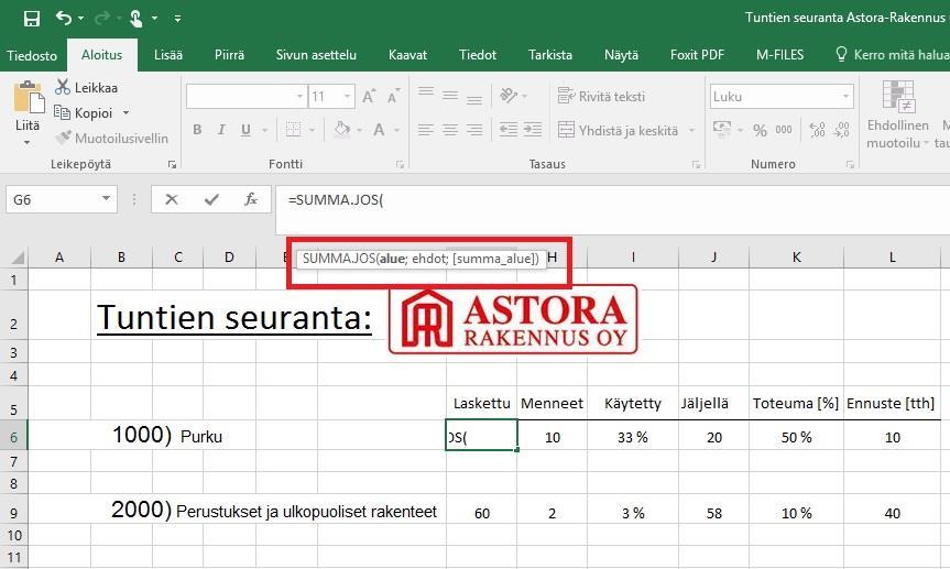 20 9. Paina Enter 10. Tee sama kaikille litteroille, muuta ehdot samaksi kuin kyseinen litteran numero. Valmis lauseke tässä tapauksessa litteralle 1000: =SUMMA.JOS(Urakkalaskenta!