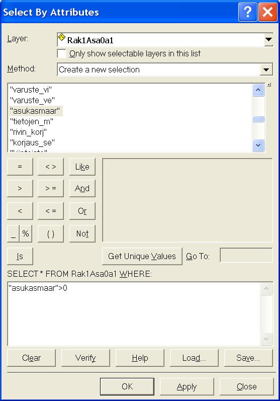 1. Avataan Select By Attributes -valintaikkuna (Selection Select By Attributes ). 2.