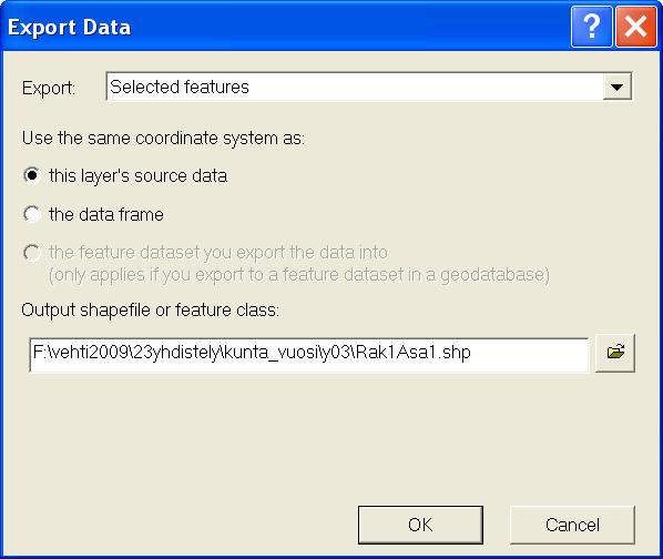 taan sekä tallennuskansio että oletusnimi (Export_Output.shp) Vehtin nimeämiskäytännön mukaiseksi nimeksi (Rak1Asa1.shp). 4. Viedään tiedot karttatasoksi hyväksymällä valinnat OK-painikkeella. 5.