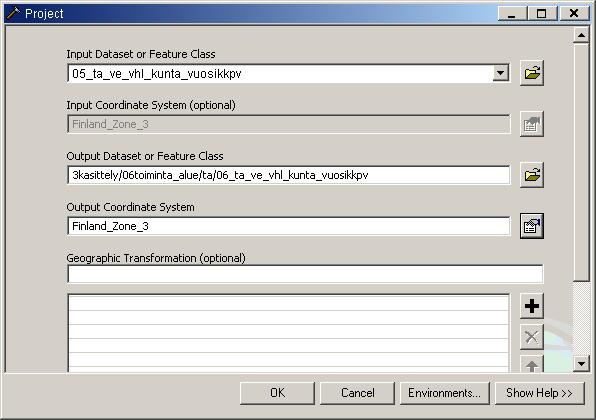 1. Input Database or Feature Class riville haetaan muunnettava aineisto (06_ta_ve_vhl_kunta_vuosikkpv.shp). 2.