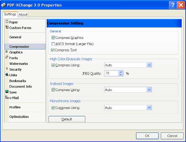 b) Settings-välilehden General -valinnasta määritellään pdf-versio. Valitaan versioksi 1.4. c) Settings-välilehden Compression -valinnasta tarkastetaan pakkauksen algoritmi.