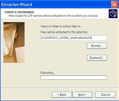 Ohjattu pakatun tiedoston purkaminen. a) Valinnasta avautuu ohjattu pakatun tiedoston purkaminen (Extraction Wizard). Valitaan Seuraava (Next ).
