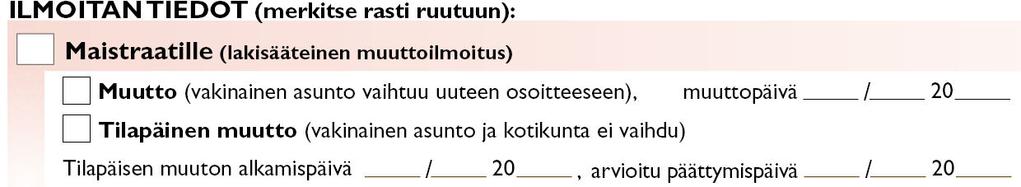 Kuva: Muuttoilmoituksen päivämäärät. Vehti-ohjeessa rakennusten asukasmäärällä tarkoitetaan vakinaista asukasmäärää rakennuksissa.