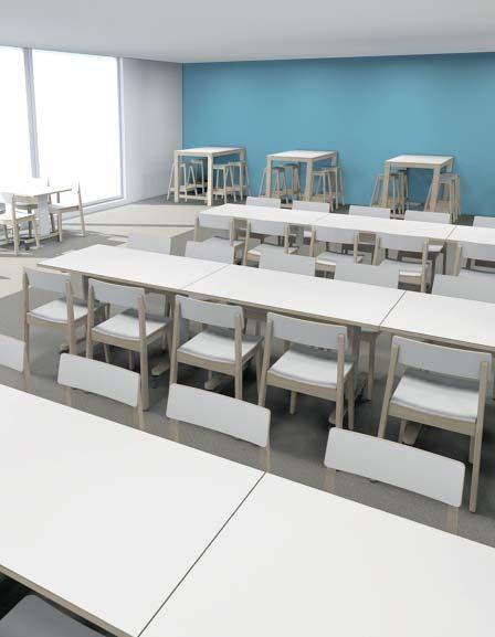 Pöytiin on saatavissa ripustuskiskot, jolloin tuolit saadaan helposti pois tieltä siivouksen ajaksi. Pöytiä on sekä normaalikorkuisena että korkeina.