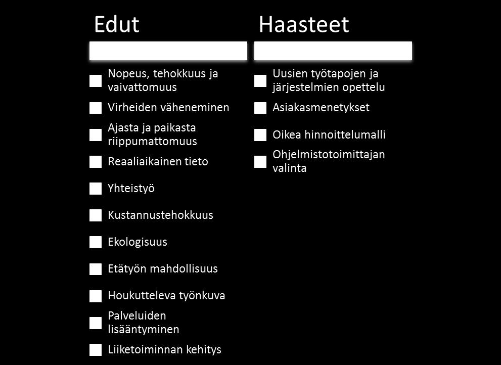 13 Työn ja taloushallinnon prosessien nopeutuessa työn hinnoittelumallia on uudistettava, jotta tehokkuudesta saatava hyöty tulisi käytetyksi niin asiakkaan kuin tilitoimiston osalta.