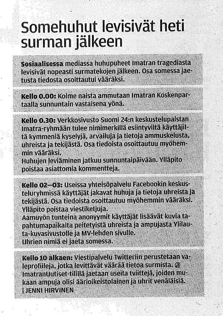 Kansalaiset aktivoituivat somessa heti Arvailuja uhreista ja ampujasta, nimiä ja kuvia Kuvia tapahtumapaikalta ja peitetyistä uhreista Huhuja äärioikeistolaisesta ampujasta