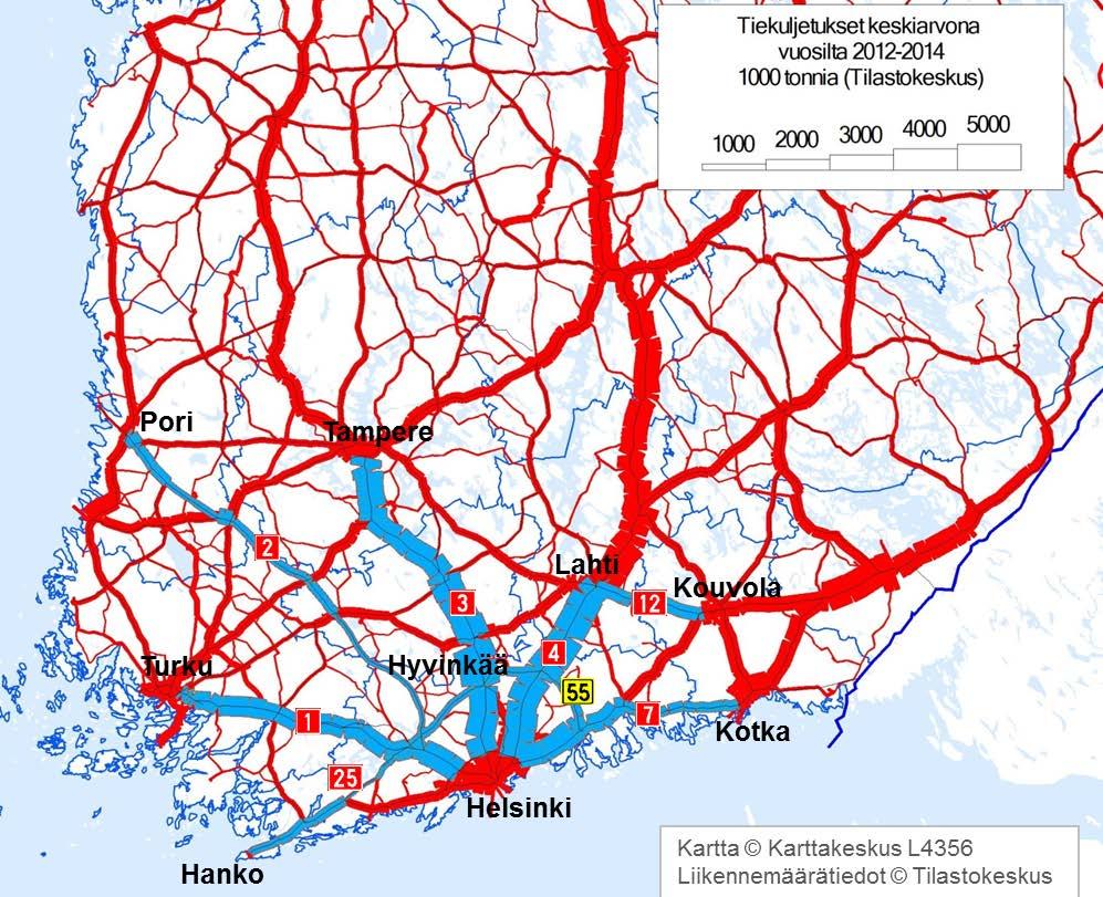 2.2. Tie- ja rautatiekuljetukset Suomessa Tässä selvityksessä esitetyt tiekuljetusten määrät perustuvat Tilastokeskuksen tieliikenteen tavarankuljetustilastojen yhdistelmäaineistoon vuosilta 2012,