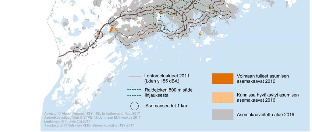 Asemakaavoitus asumiseen, yhdyskuntarakenne Vuonna 2016 kilometrin etäisyydelle raideliikenteen nykyisistä ja rakenteilla olevista asemista valmistui noin 6 900 uutta asuntoa ja aloitettiin noin 9