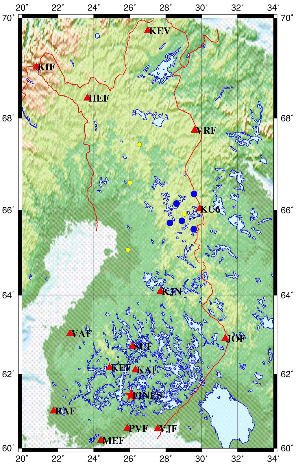 Kuva 5. Helsingin yliopiston seismologian instituutin seismografiasemaverkko vuonna 2009. Punaisella symbolilla merkityt asemat ovat pysyviä asemia.