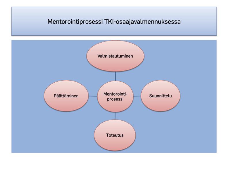 Mentorointiprosessi TKI-osaajavalmennuksessa Mentorointiprosessissa voidaan erottaa neljä keskeistä vaihetta, joita ovat valmistautuminen, suunnittelu, toteutus ja päättäminen.