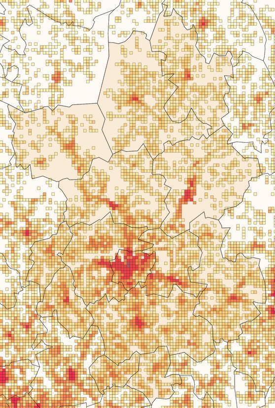 VÄESTÖN MÄÄRÄ (1 KM X 1 KM RUUDUITTAIN) HYVINVOINTIKUNTAYHTYMÄN KUNNISSA VUONNA 2015 (ALUEJAON 2015 MUKAAN) Sysmä Hartola Padasjoki