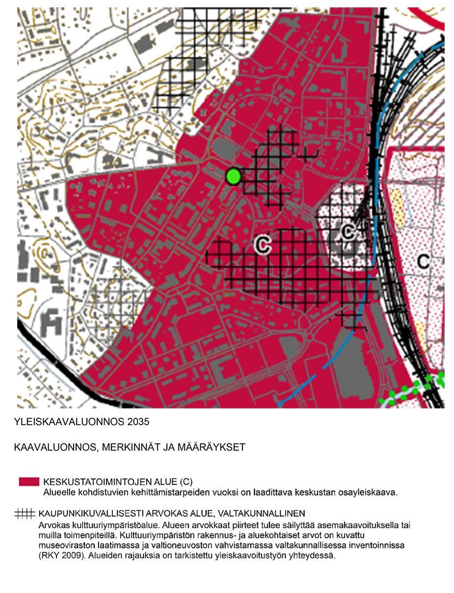 Kuva: Ote Riihimäen yleiskaavasta 2035. Alueen sijainti on merkitty vihreällä ympyrällä 4.3. Asemakaava Suunnittelualueella on voimassa 2.2.1961 hyväksytty asemakaava (tunnus 3:18), jossa tontti 9002-1 ja maarekisteritila 405-1-250 on osoitettu asunto- ja liikekortteliksi.