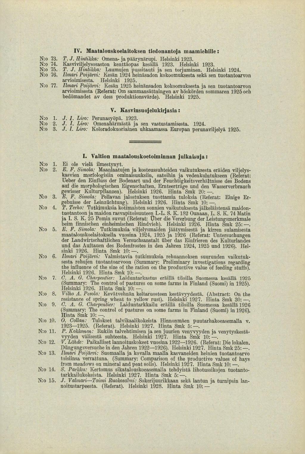 IV Maataionskoelaitoksen tiedonantoja maamiehille: N:o 73 T J Hintikka: Omena- ja päärynärupi Helsinki 1923 N:o 74 Kasviviljelysosaston kenttäopas kesällä 1923 Helsinki 1923 N:o 75 T J Hintikka: