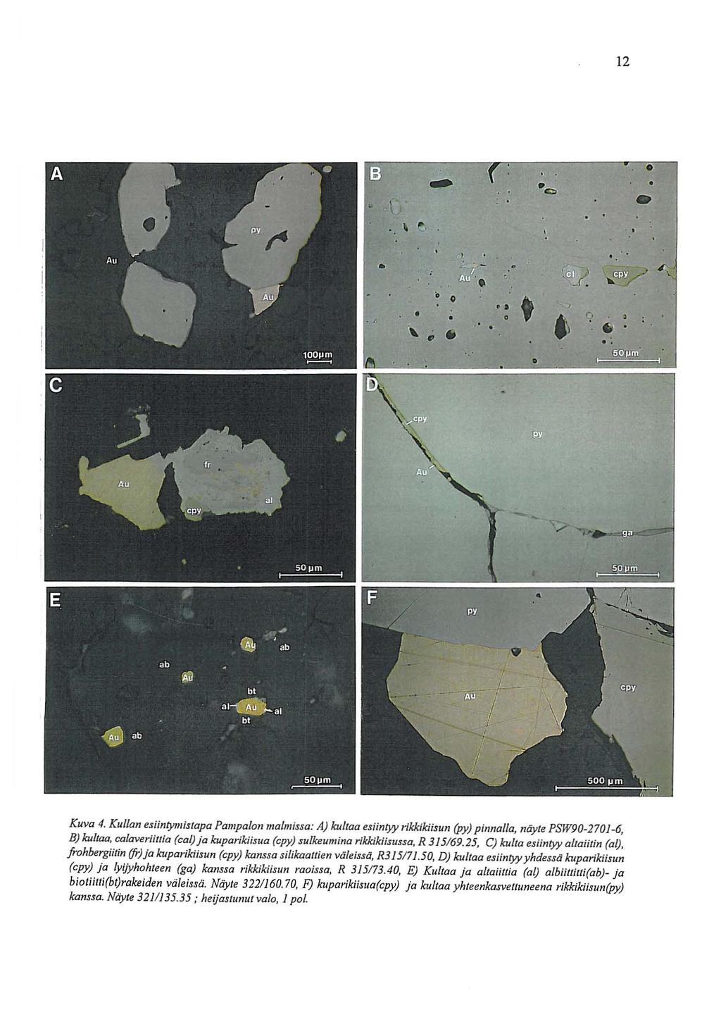 12 \.... 0 I 0 j..», t r " \. 6\ ti...: Kuva 4. Kulan esiintymislapa Pampalon malmissa: A) kultaa esiintyy rikkikiisun (py) pinnala. ndyte PSW90-2701-6.