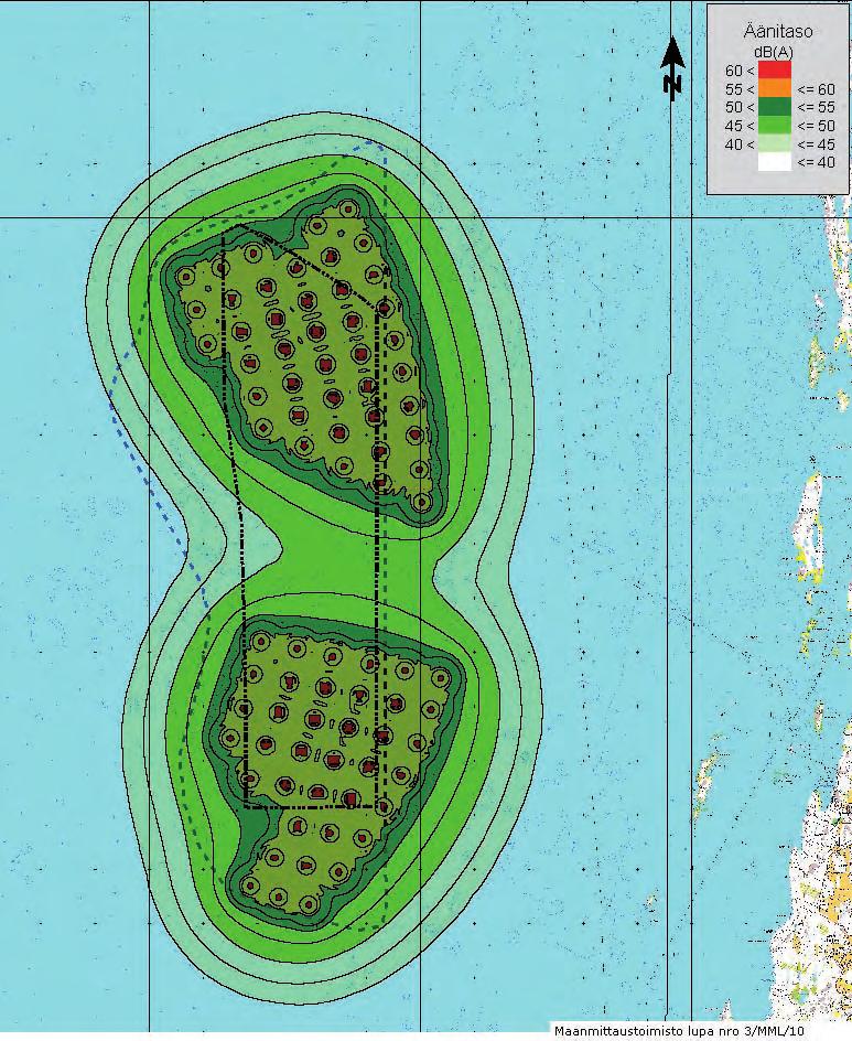 Mallinnuksen mukaan 40 db meluvyöhyke ulottuu 3 MW tuulivoimalaitoksilla (lähtömelutaso 109,4 db) 1,2 1,8 km etäisyydelle voimalaitoksista ja 5 MW tuulivoimalaitoksilla (lähtömelutaso 111,1 db) 1,5