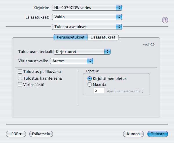 nro 9, C6), valitse koko Käyttäjän määrittämä... (Lisätietoja kirjekuorien koosta: Katso Paperikoko sivulla 79.) 2 Macintosh -kirjoitinohjain Paperikoko...() Tulostusmateriaali.
