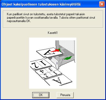 Tulostusmenetelmät c Ota tulostetut parilliset sivut luovutusalustalta ja pane ne takaisin paperikasettiin tulostettava (tyhjä) sivu alaspäin. Noudata tietokoneen näytöllä olevia ohjeita.