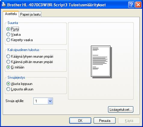 Tulostusmenetelmät 4 Napsauta OK. Kirjoitin tulostaa automaattisesti paperin kummallekin puolelle.