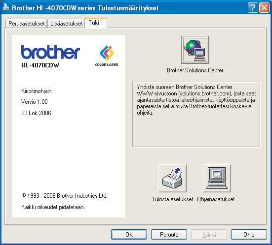 Ohjain ja ohjelmat Tuki-välilehti 3 3 2 3 Brother Solutions Center () Brother Solutions Center (http://solutions.brother.com) on WWW-sivusto, jossa on tietoja Brotherlaitteestasi, mm.