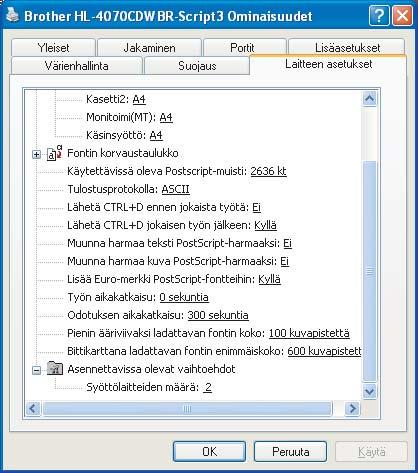 Ohjain ja ohjelmat BR-Script3-kirjoitinohjaimen käyttö (PostScript 3 -emulointi, Windows ) (vain HL-4050CDN / HL-4070CDW) 3 (Lisätietoja löytyy kirjoitinohjaimen Ohjeesta.