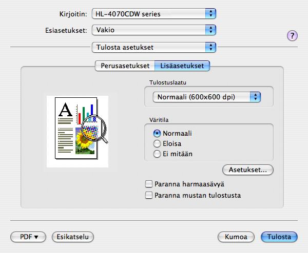 Ohjain ja ohjelmat Lisäasetukset-välilehti 3 Tulostuslaatu Tulostuslaatu voidaan muuttaa seuraavasti: Normaali 600 x 600 dpi. Suositellaan tavalliseen tulostukseen.