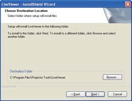 Jos haluat asentaa sen johonkin muuhun kansioon, napsauta [Browse] ja valitse toinen kansio. 8) Vahvista ohjelmakansion nimi. Jos Projector Tools on hyvä, paina [Next] ja jatka.