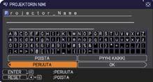 VERKKO-valikko Kohta PROJEKTORIN NIMI (jatkuu seuraavalla sivulla) Kuvaus (1) Valitse PROJEKTORIN NIMI VERKKO-valikossa / painikkeilla ja paina sitten painiketta.