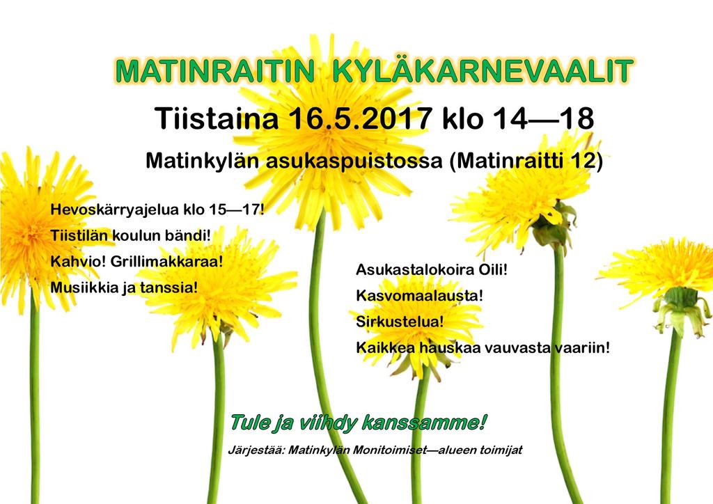 5 Kevään tärkeitä päivämääriä Ke 5.4. Pääsiäismyyjäiset klo 15-18 * Jos haluat varata pöydän myyjäisiin, hintaan 5 e/pöytä, kysy Riikalta tai laita sähköpostia: riikka.koola@kalliola.fi Su 9.4. klo 10 13 Vaalikahvia ja pullaa Kylämajassa (hinnat yhtä edulliset kuin aina muulloinkin) To 13.