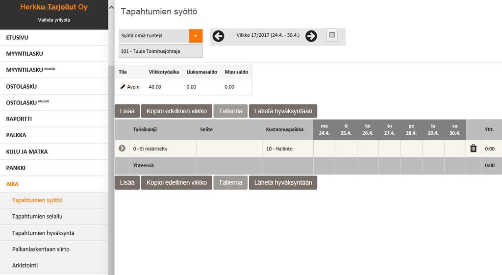 NetTikon AIKA Tapahtumien syöttö Käyttäjät kirjaavat järjestelmään tunteja työajanseurantaa ja palkanlaskentaa varten Tapahtumien hyväksyntä Esimies tarkastaa ja hyväksyy alaistensa tunnit