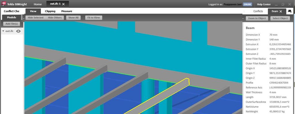 Kuva 26 Tekla BIMsight -ohjelmassa näkyvää tietoa rakenteista 4.6 Tiedon arkistointi ja ylläpito Jatkuvasti eteenpäin menevä kehitys asettaa haasteita tietomallien säilyvyydelle.