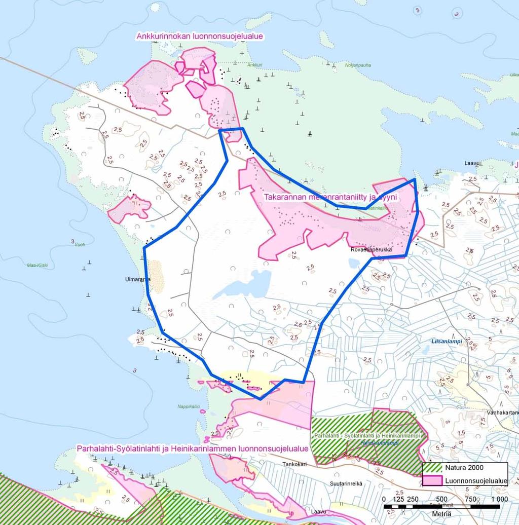 42(124) Kuva 8-1. Edustavimmat sukkessiometsien kehityssarjojen alueet. Alue on rajattu karttaan sinisellä. Varsinainen laitosalue sijoittuu rajauksen luoteispuolelle.