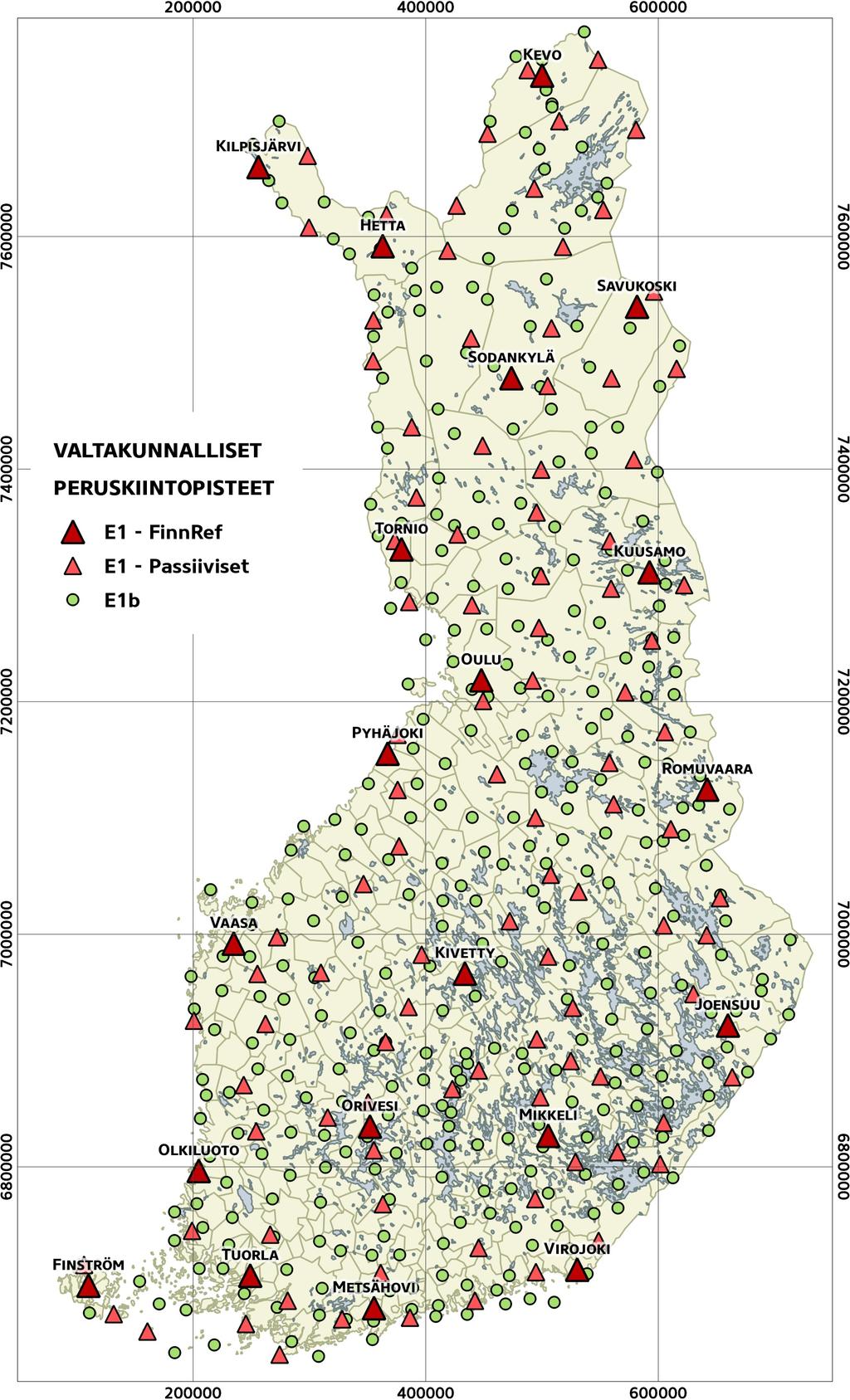 104 Kuvio B.1. Valtakunnalliset E1- ja E1b-peruskiintopisteet, ETRS-TM35FIN,