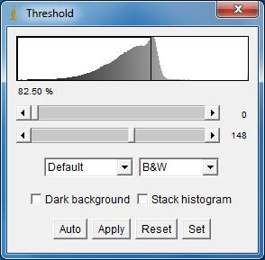 ImageJ ohjelman avulla valomikroskooppikuvien faasien kontrastierot säädettiin niin, että kontrastiarvoksi (threshold) valittiin arvo 148, jonka avulla saadaan määritettyä