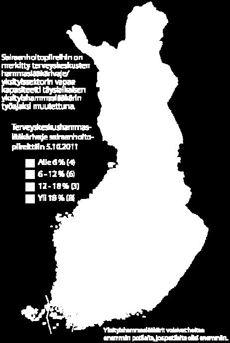 Tuntimäärän ilmoittaneiden hammaslääkärien osuudet suluissa Yksityissektorin vapaa kapasiteetti Karttaan on merkitty punaisilla luvuilla