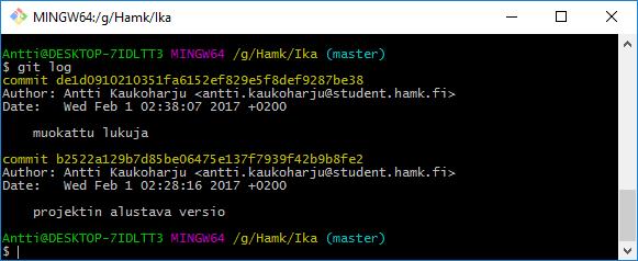 11 Tämän jälkeen projekti siirretään versionhallintaan git commit-komennolla. Samalla komennolla commitoidaan eli vahvistetaan myös projektiin tehdyt muutokset.