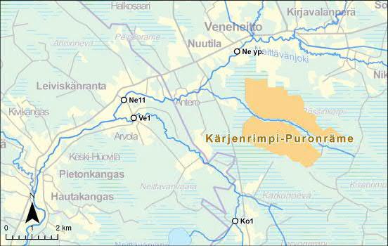 34 Kuva 8 Kärjenrimpi-Puronräme, Navettarimpi ja Parkkisenrimpi sekä vesistötarkkailupisteet. Iso-Mannisen vaikutuksia tarkkailtiin tuotantoalueen alapuolella Uljuanojassa (Pi1).