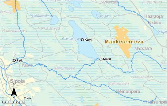 42 Kuva 16 Mankisenneva ja vesistötarkkailupisteet. Hourunnevaa tarkkailtiin kahdessa eri suunnassa.