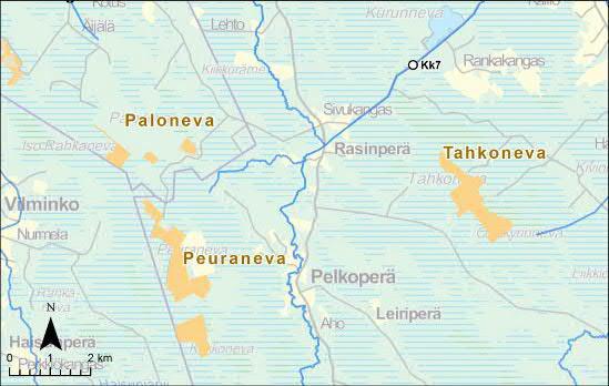 46 Kuva 19 Peuraneva ja Tahkoneva sekä vesistötarkkailupiste. Pullineva laskee Siikajokeen Vesiojan ja Iso-ojan kautta (Kuva 2). Pullinnevan vesistötarkkailupiste sijaitsee Vesiojassa (Ves2).