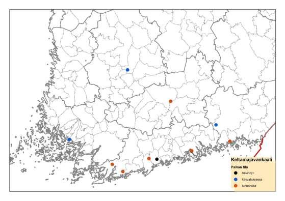 Tämän selvityksen mukaan keltamajavankaalilla on Suomessa viisi luontoon päässyttä esiintymää (Inkoo, Raasepori, Kirkkonummi, Porvoo, Kotka), yksi kesämökkitontilla oleva puolivilli esiintymä (Lammi)