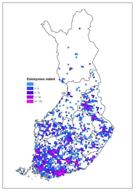 Kuva 5.1. Jättiputkien levinneisyys Suomessa vuonna 2016 (n=6701 tiedossa olevaa paikkaa).