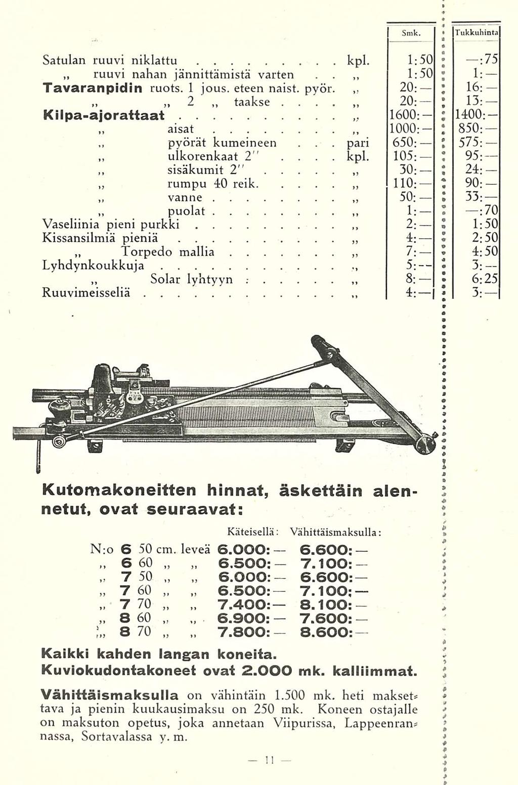 puolat 7600: kpl pari 1:50 J \ T l l Smk Tukkuhinta Satulan ruuvi niklattu kpl 1:50 ;75 ruuvi nahan jännittämistä varten J 1; Tavaranpidin ruots 1 jous eteen naist pyör 20; 16: 2 taakse 20: ; 13;